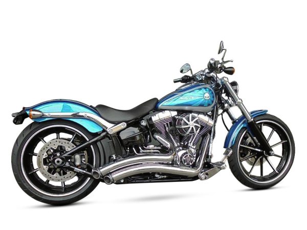 Sharp Curve Radius Exhaust - Chrome with Black End Caps. Fits Softail Breakout 2013-2017 & Rocker 2008-2011.