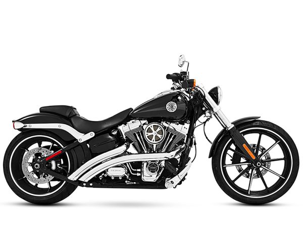 Radical Radius Exhaust - Chrome with Chrome End Caps. Fits Softail Breakout 2013-2017 & Rocker 2008-2011.