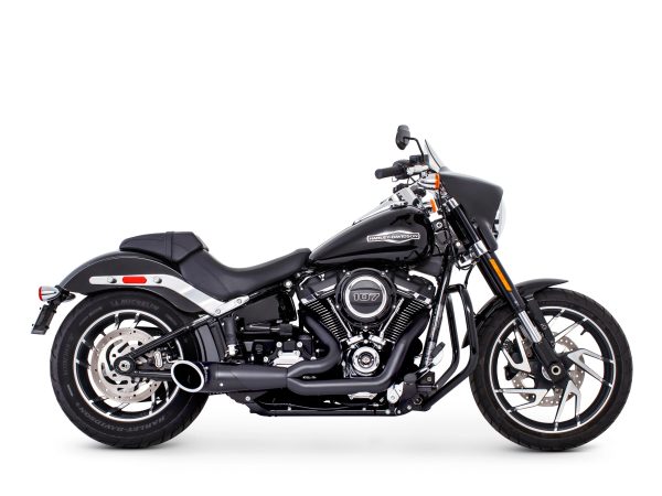 Turnout 2-into-1 Exhaust with Black Finish & Black End Cap. Fits Softail 2018up