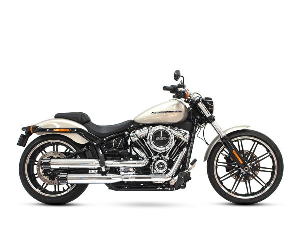 3-1/2in. Slip-On Mufflers - Chrome with Black Contrast Cut Slotted End Caps. Fits Softail Slim, Street Bob, Low Rider, Breakout & Fat Boy 2018up & Standard 2020up.