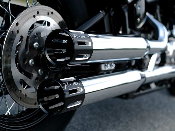 3-1/2in. Slip-On Mufflers - Chrome with Black Contrast Cut Slotted End Caps. Fits Softail Slim, Street Bob, Low Rider, Breakout & Fat Boy 2018up & Standard 2020up. - Image 3