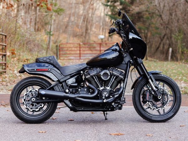 2-into-1 Qualifier Exhaust - Black with Black End Cap. Fits Softail 2018up Non-240 Rear Tyre Models