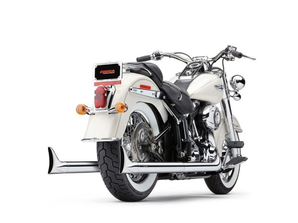 Bad Hombre True Dual Exhaust - Chrome with Chrome Classic Fishtail Tips. Fits Softail 2007-2017.