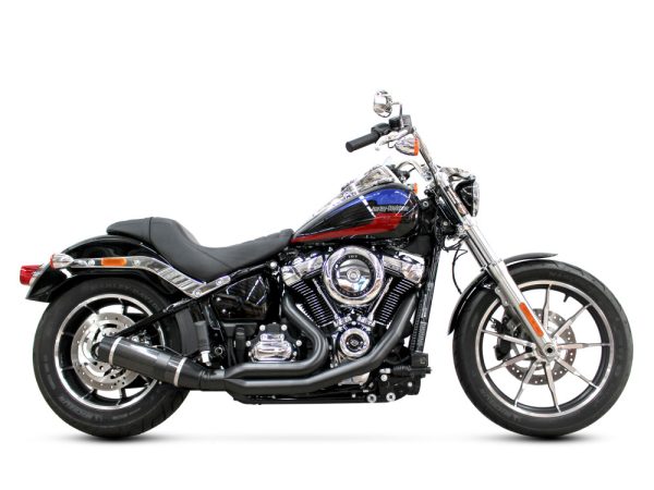 Bob Cat 2-into-1 Exhaust - Black with Carbon Fibre Sleeve Muffler. Fits Softail 2018up Non-240 Tyre Models.