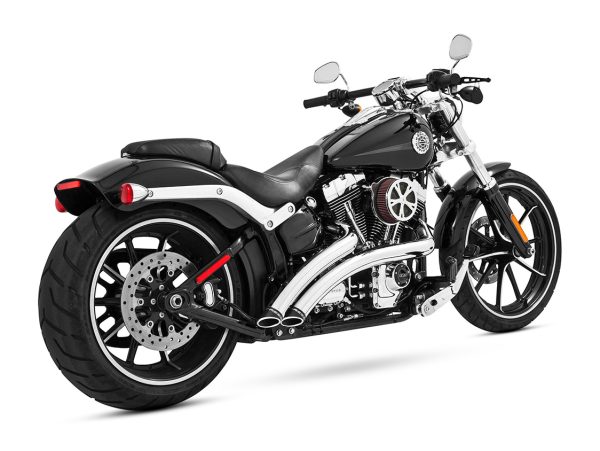 Radical Radius Exhaust - Chrome with Black End Caps. Fits Softail Breakout 2013-2017 & Rocker 2008-2011.