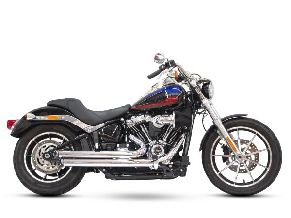 Independence Staggered Slash Exhaust - Chrome with Black End Caps. Fits Softail 2018up.