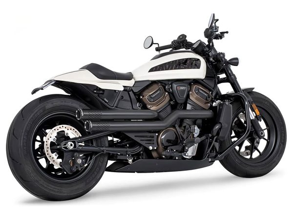 Independence Perforated High Exhaust - Black with Black End Caps. Fits Sportster S 2021-2023