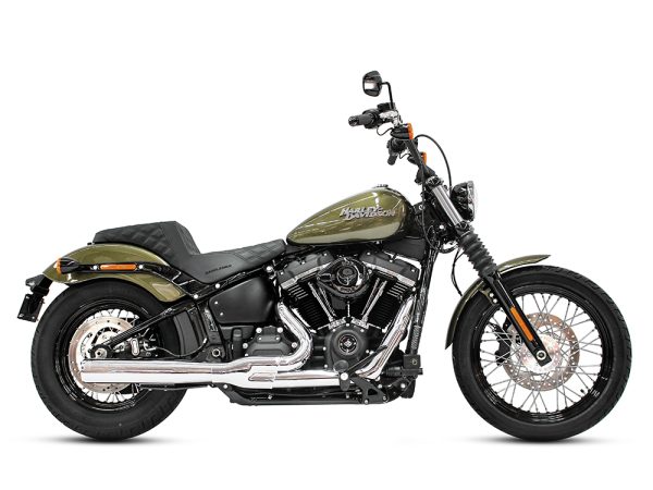 2-into-1 Exhaust - Chrome with Chrome End Cap. Fits Deluxe, Softail Slim, Street Bob, Low Rider, Fat Bob 2018up & Standard 2020up.