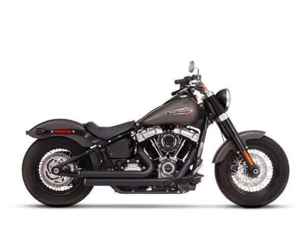 2-into-2 Staggered Exhaust - Black with Black End Caps. Fits Softail 2018up.