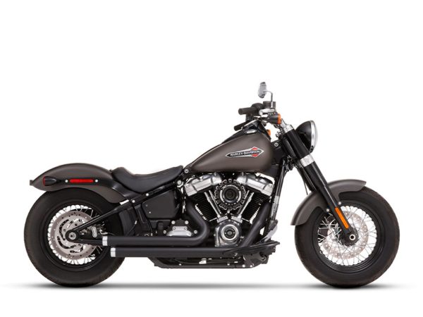 2-into-2 Staggered Exhaust - Black with Chrome End Caps. Fits Softail 2018up.