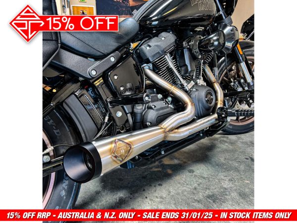 2-into-1 Cutback Exhaust - Stainless Steel with Black End Cap. Fits Softail 2018up Non-240 Rear Tyre Models. - Image 3