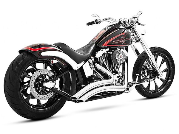 Sharp Curve Radius Exhaust - Chrome with Chrome End Caps. Fits Softail Breakout 2013-2017 & Rocker 2008-2011.