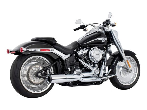 2-into-1 Two Step Exhaust - Chrome with Black End Cap. Fits Softail Breakout & Fatboy 2018up with 240 Tyre.