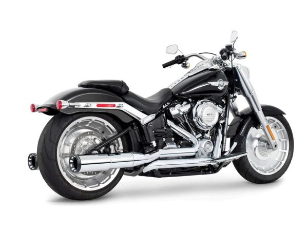 4.5in. Two-Step True Dual Exhaust - Chrome with Contrast Cut Black End Caps. Fits Softail Breakout & Fatboy 2018up with 240 Tyre.