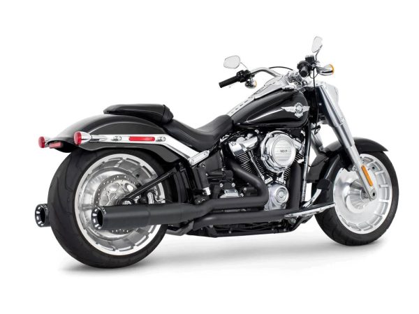 4.5in. Two-Step True Dual Exhaust - Black with Contrast Cut Black End Caps. Fits Softail Breakout & Fatboy 2018up with 240 Tyre.