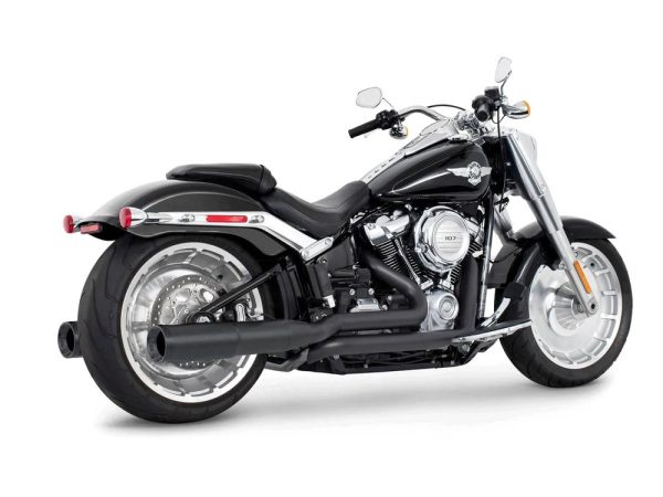 4.5in. Two-Step Trual Dual Exhaust - Black with Pitch Black End Caps. Fits Softail Breakout & Fatboy 2018up with 240 Tyre.