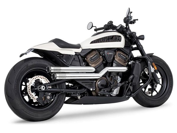 Independence Perforated High Exhaust - Chrome with Black End Caps. Fits Sportster S 2021-2023