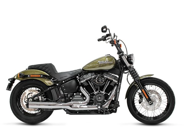 2-into-1 Exhaust - Chrome with Black End Cap. Fits Deluxe, Softail Slim, Street Bob, Low Rider & Fat Bob 2018up & Standard 2020up.