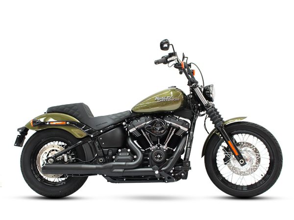 2-into-1 Exhaust - Black with Black End Cap. Fits Deluxe, Softail Slim, Street Bob, Low Rider, Fat Bob 2018up & Standard 2020up.