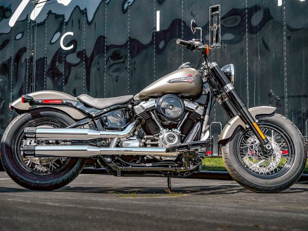 3-1/2in. Slip-On Mufflers - Chrome with Black Contrast Cut Slotted End Caps. Fits Softail Slim, Street Bob, Low Rider, Breakout & Fat Boy 2018up & Standard 2020up. - Image 4