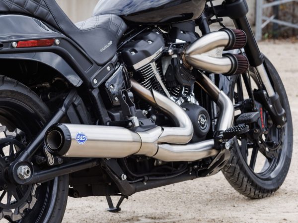 2-into-1 Qualifier Exhaust - Stainless Steel with Black End Cap. Fits Softail 2018up Non-240 Rear Tyre Models - Image 3