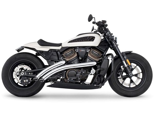 Radical Radius Exhaust - Chrome with Black End Caps. Fits Sportster S 2021-2023