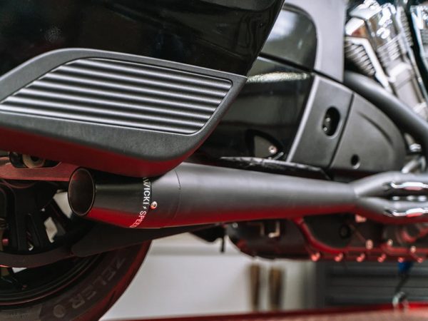 Mid Length 2-into-1 Exhaust with Billet End Cap - Black. Fits Indian Challenger 2020up.