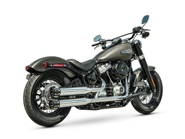 3-1/2in. Slip-On Mufflers - Chrome with Black Contrast Cut Slotted End Caps. Fits Softail Slim, Street Bob, Standard & Low Rider Models 2018-2024 & Breakout & Fat Boy 2018up - Image 2