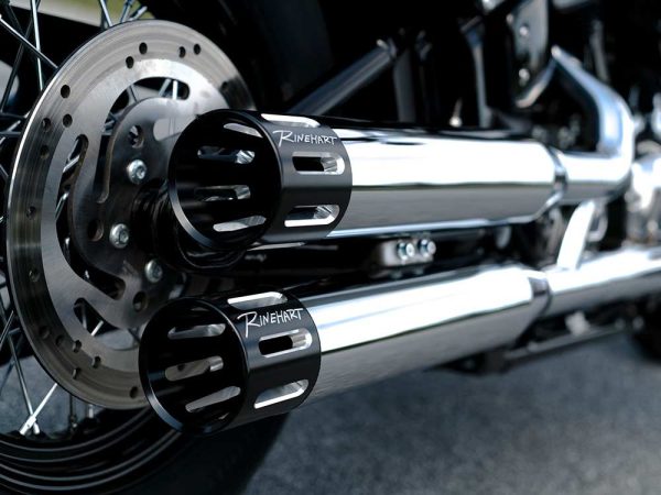 3-1/2in. Slip-On Mufflers - Chrome with Black Contrast Cut Slotted End Caps. Fits Softail Slim, Street Bob, Standard & Low Rider Models 2018-2024 & Breakout & Fat Boy 2018up - Image 3