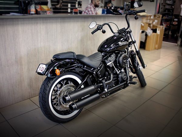 3-1/2in. Slip-On Mufflers - Black with Black Contrast Cut End Caps. Fits Softail Slim, Street Bob, Standard & Low Rider Models 2018-2024 & Breakout & Fat Boy 2018up - Image 3