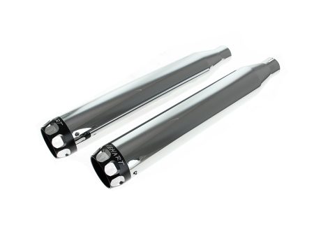 3in. Slip-On Mufflers - Chrome with Black Scalloped End Caps. Fits Softail Deluxe 2007-2017, Blackline 2012-2013, Softail Slim 2013-2017, Cross Bones 2008-2011 & Fat Boy S 2016-2017