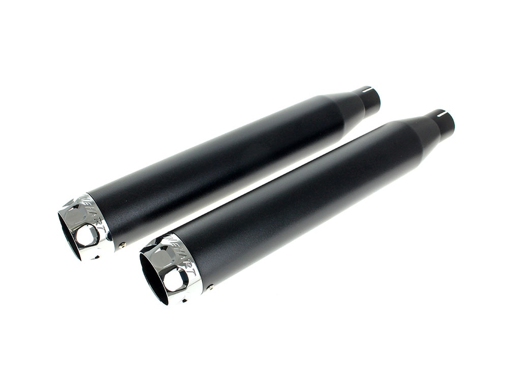 3in. Slip-On Mufflers - Black with Chrome Scalloped End Caps. Fits Softail FXST 2007-2017, Heritage 2007-2017, Breakout 2013-2017 & Rocker 2008-2011