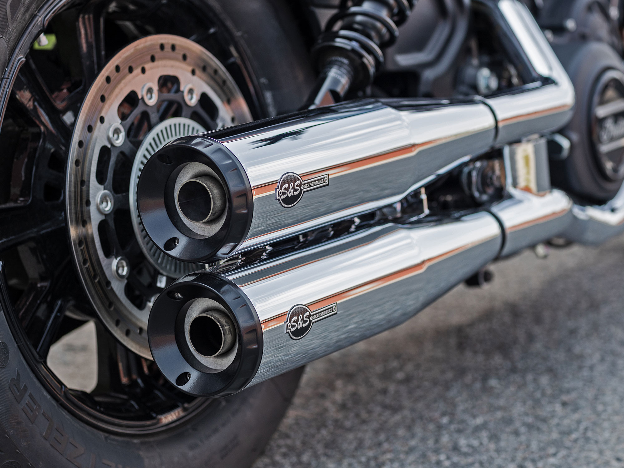 4in. Grand National Slip-On Mufflers - Chrome with Black End Caps. Fits Indian Scout 2015-2024 - Image 2