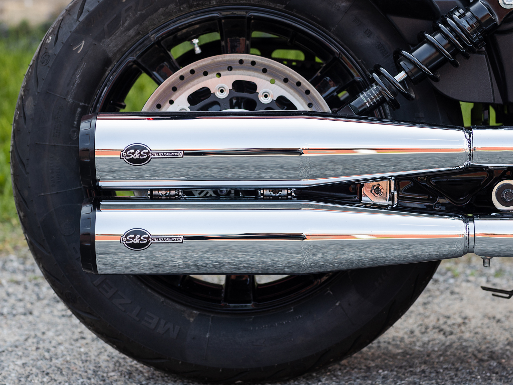 4in. Grand National Slip-On Mufflers - Chrome with Black End Caps. Fits Indian Scout 2015-2024 - Image 3