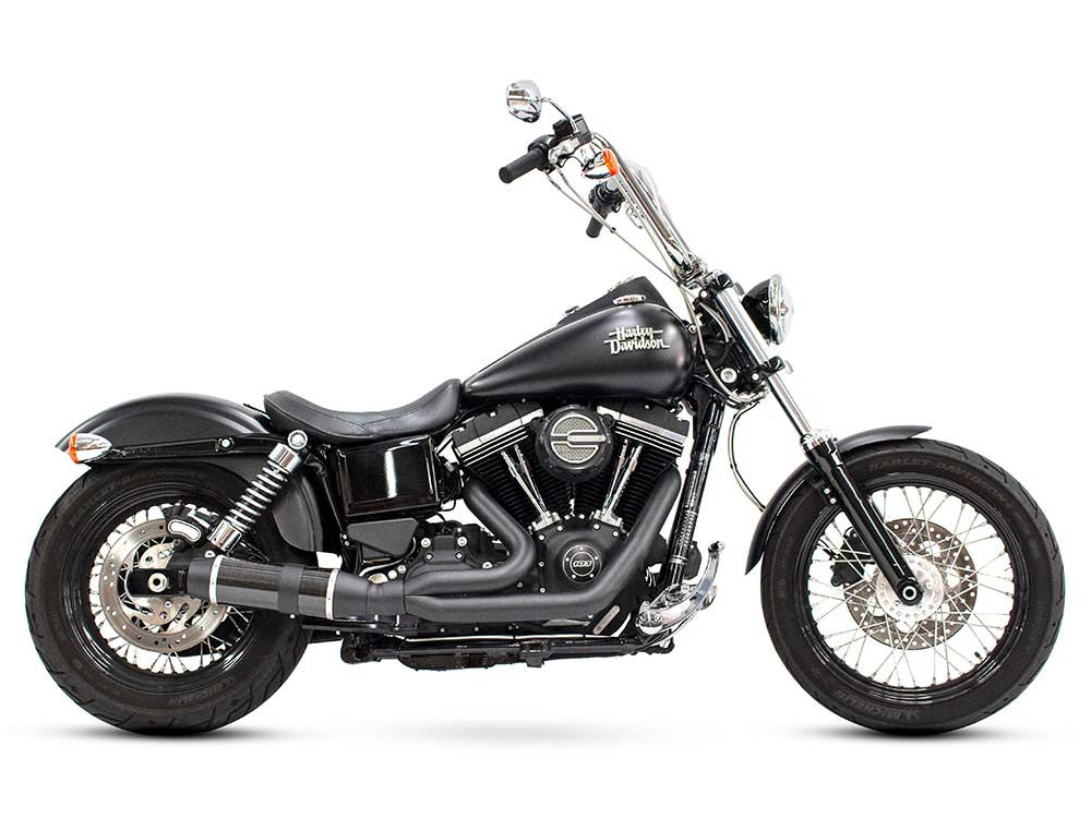 Bob Cat 2-into-1 Exhaust - Black with Carbon Fibre Sleeve Muffler. Fits Dyna 2006-2017. D&D EXHAUST