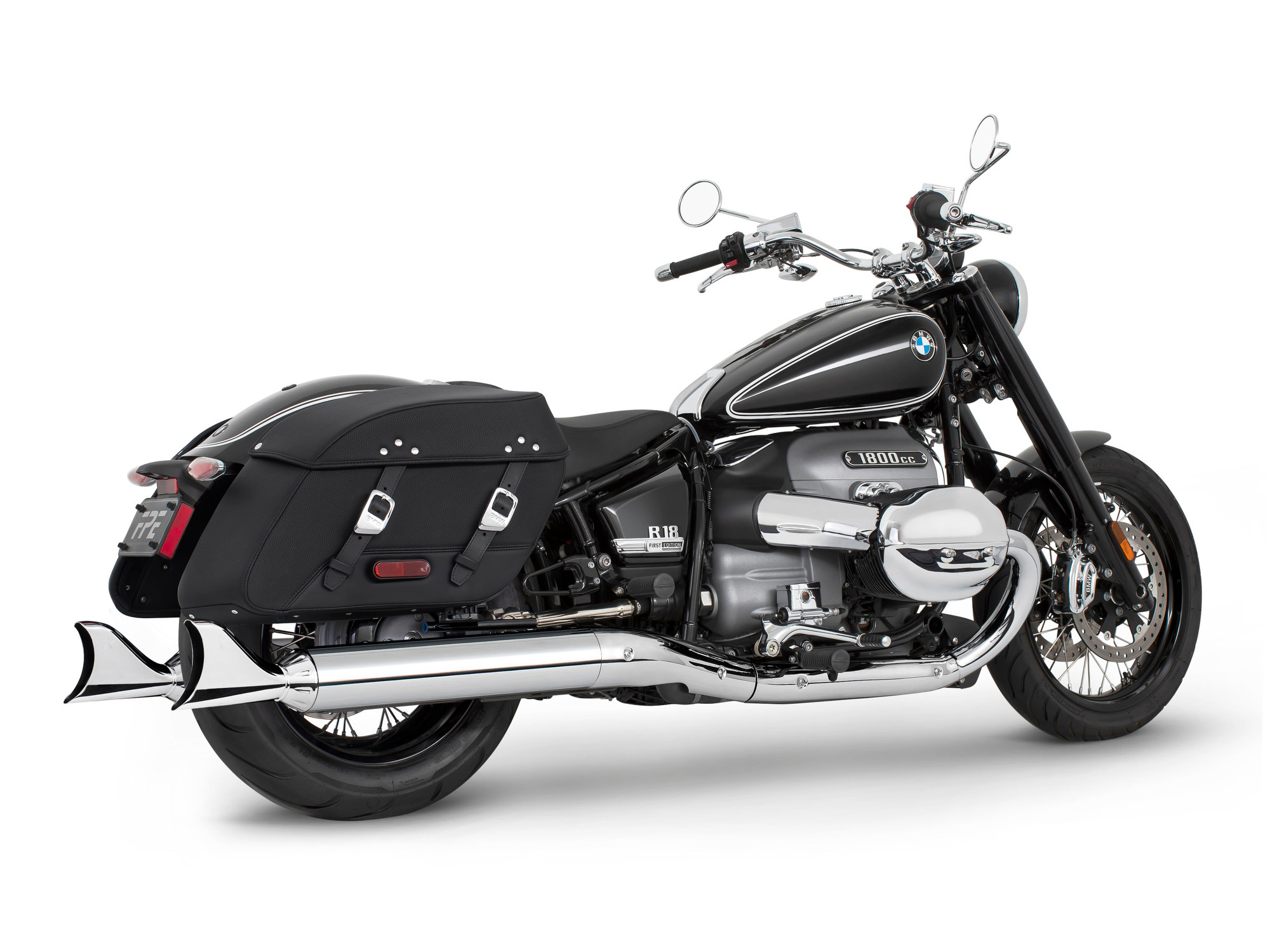 4in. Two-Step Slip-On Mufflers - Chrome with Sharktail Tips. Fits BMW R-18 Classic 2021up. FREEDOM PERFORMANCE EXHAUST