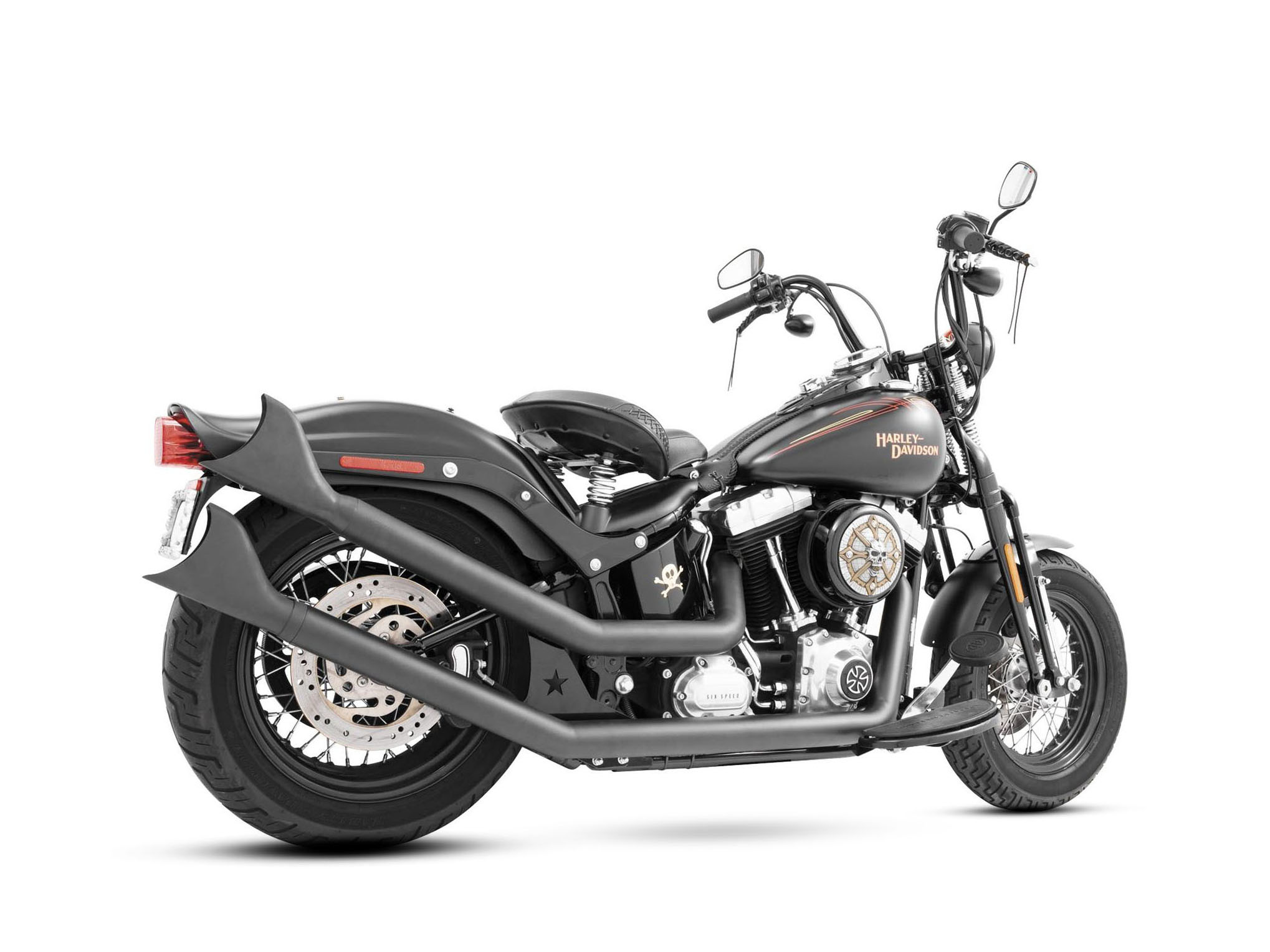 Upswept Exhaust - Black with Black Sharktail End Caps. Fits Softail 1986-2017 FREEDOM PERFORMANCE EXHAUST