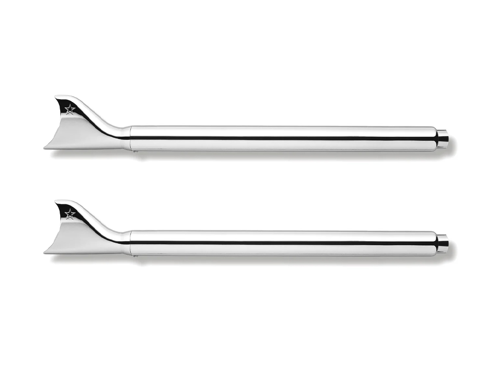 2-1/2in. Sharktail Slip-On Mufflers - Chrome. Fits Touring 1995-2016 & Trike 2017-2020. FREEDOM PERFORMANCE EXHAUST