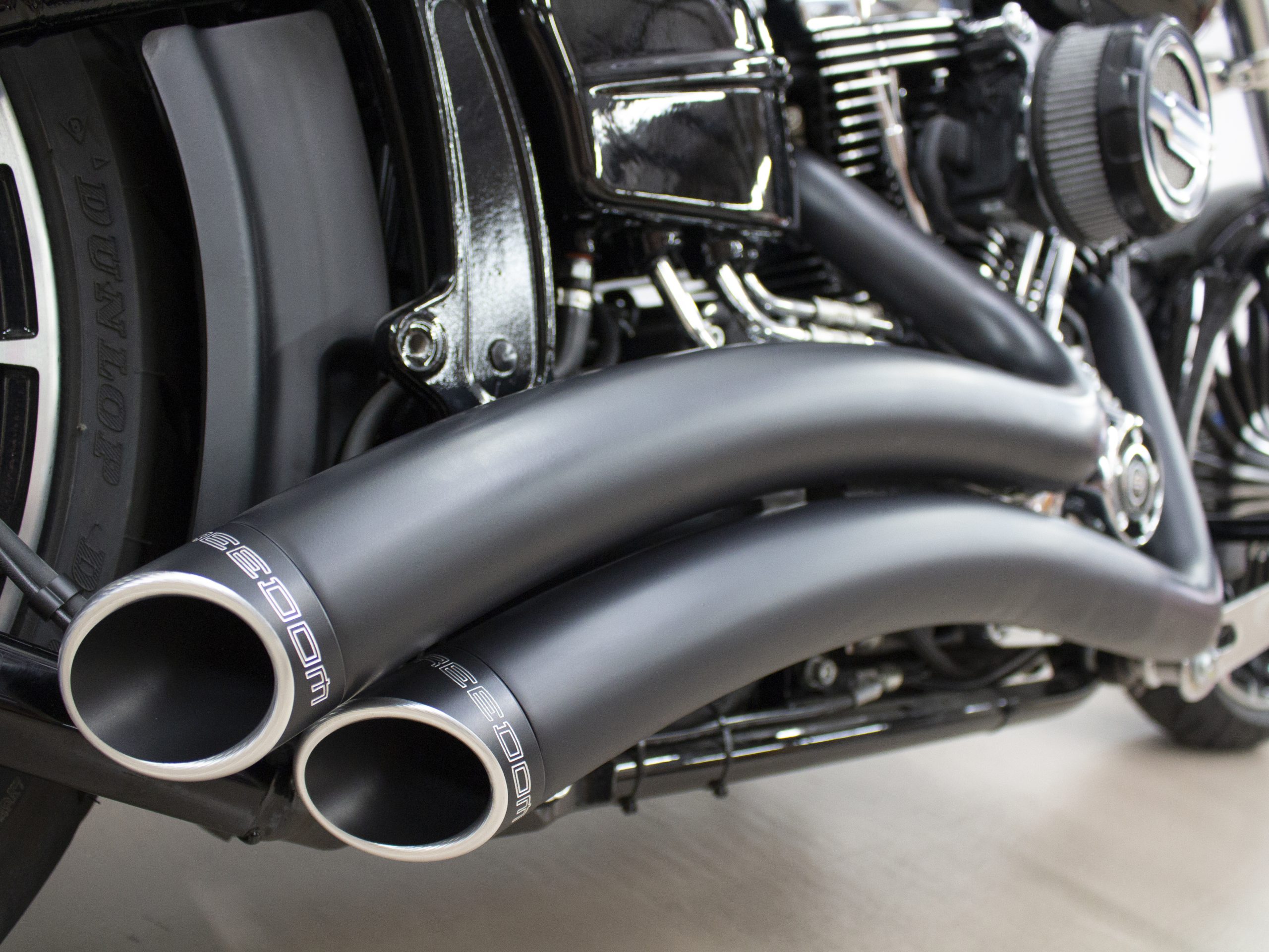 Sharp Curve Radius Exhaust - Black with Black End Caps. Fits Softail Breakout 2013-2017 & Rocker 2008-2011. FREEDOM PERFORMANCE EXHAUST - Image 2
