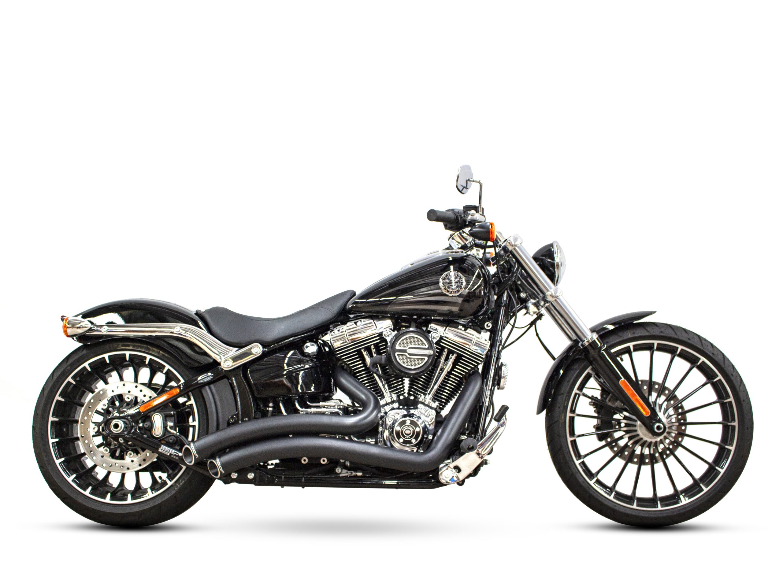 Sharp Curve Radius Exhaust - Black with Black End Caps. Fits Softail Breakout 2013-2017 & Rocker 2008-2011. FREEDOM PERFORMANCE EXHAUST