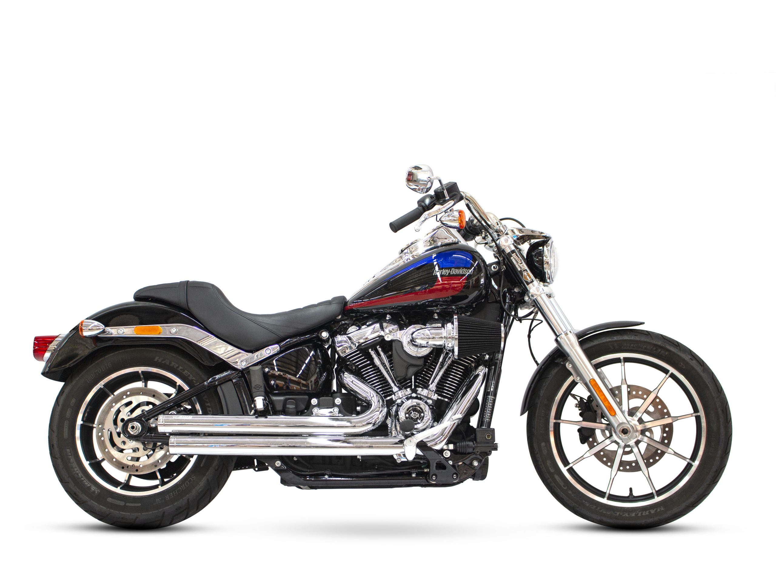 Independence Staggered Exhaust - Chrome with Chrome End Caps. Fits Softail 2018up. FREEDOM PERFORMANCE EXHAUST