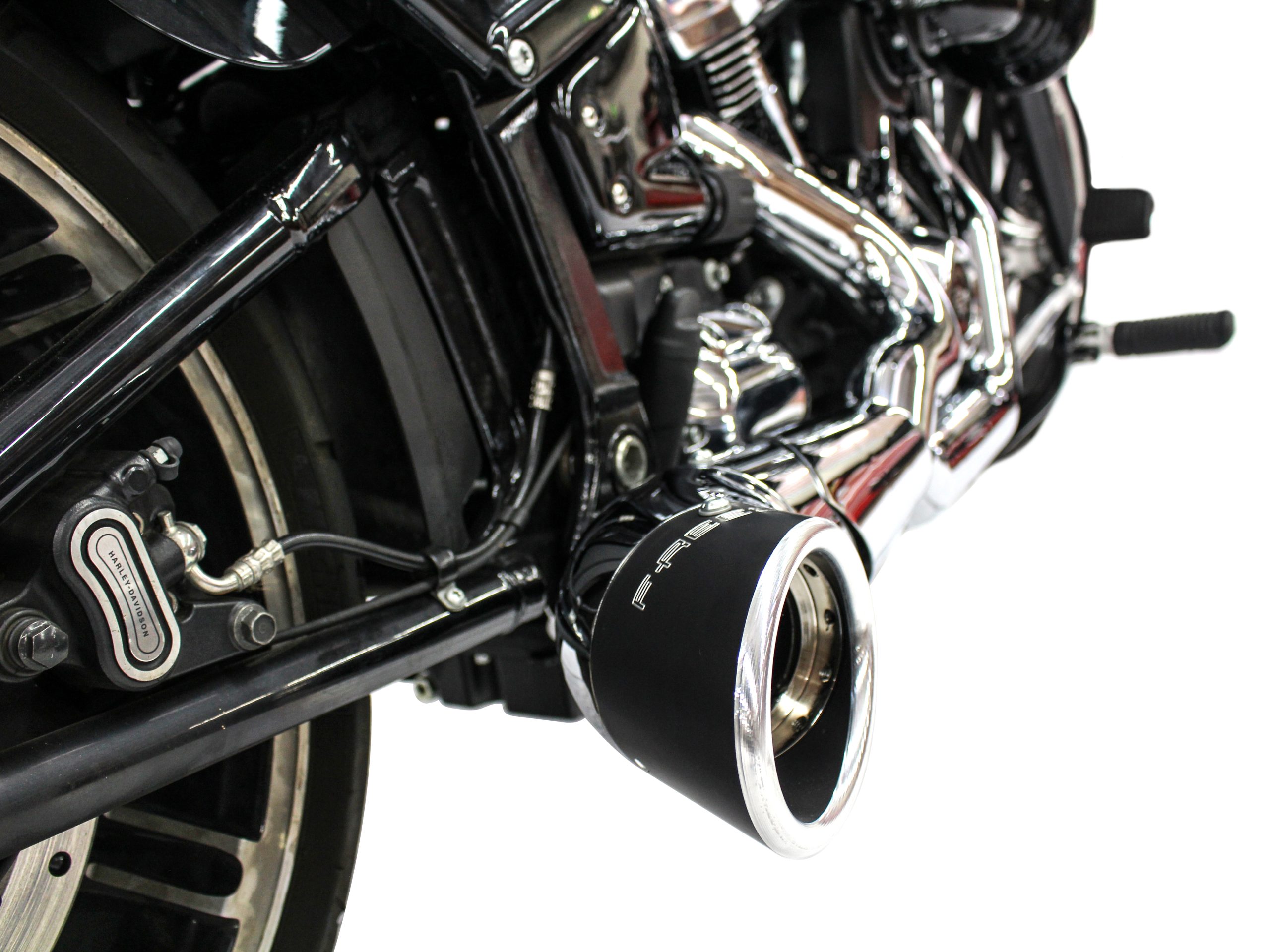 Turnout 2-into-1 Exhaust - Chrome with Black End Cap. Fits Softail 2018up. FREEDOM PERFORMANCE EXHAUST - Image 3