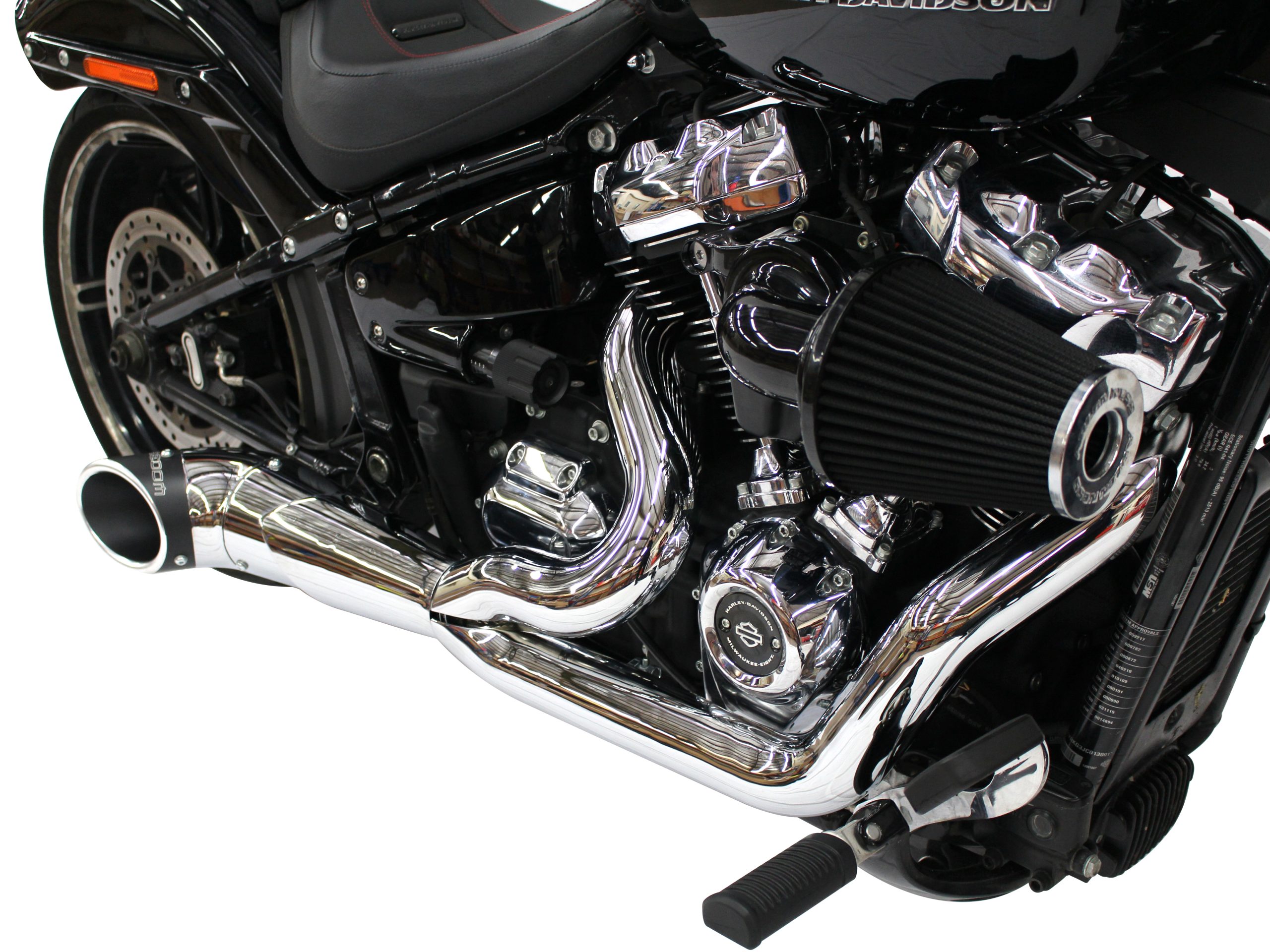 Turnout 2-into-1 Exhaust - Chrome with Black End Cap. Fits Softail 2018up. FREEDOM PERFORMANCE EXHAUST - Image 4