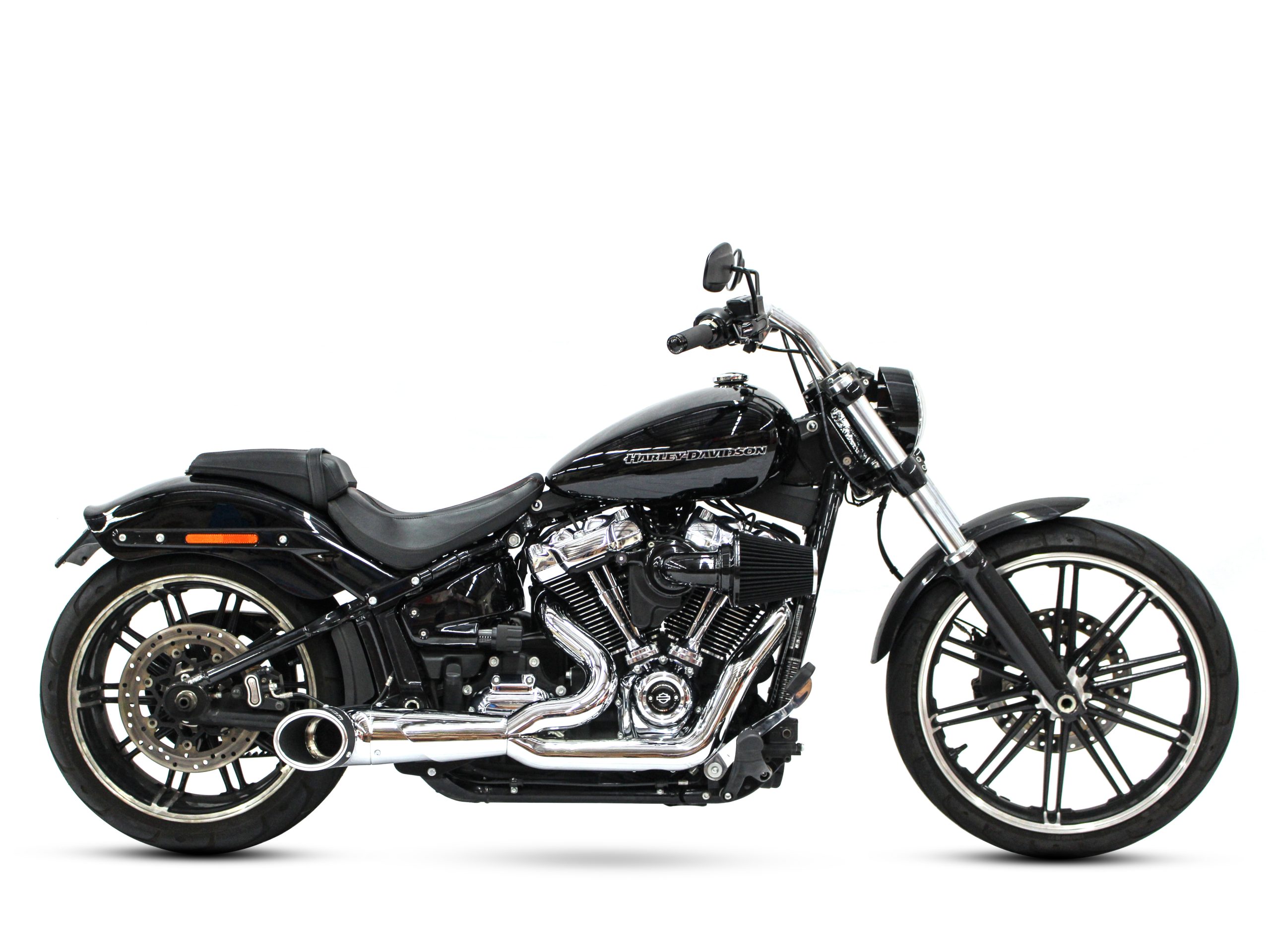 Turnout 2-into-1 Exhaust - Chrome with Black End Cap. Fits Softail 2018up. FREEDOM PERFORMANCE EXHAUST