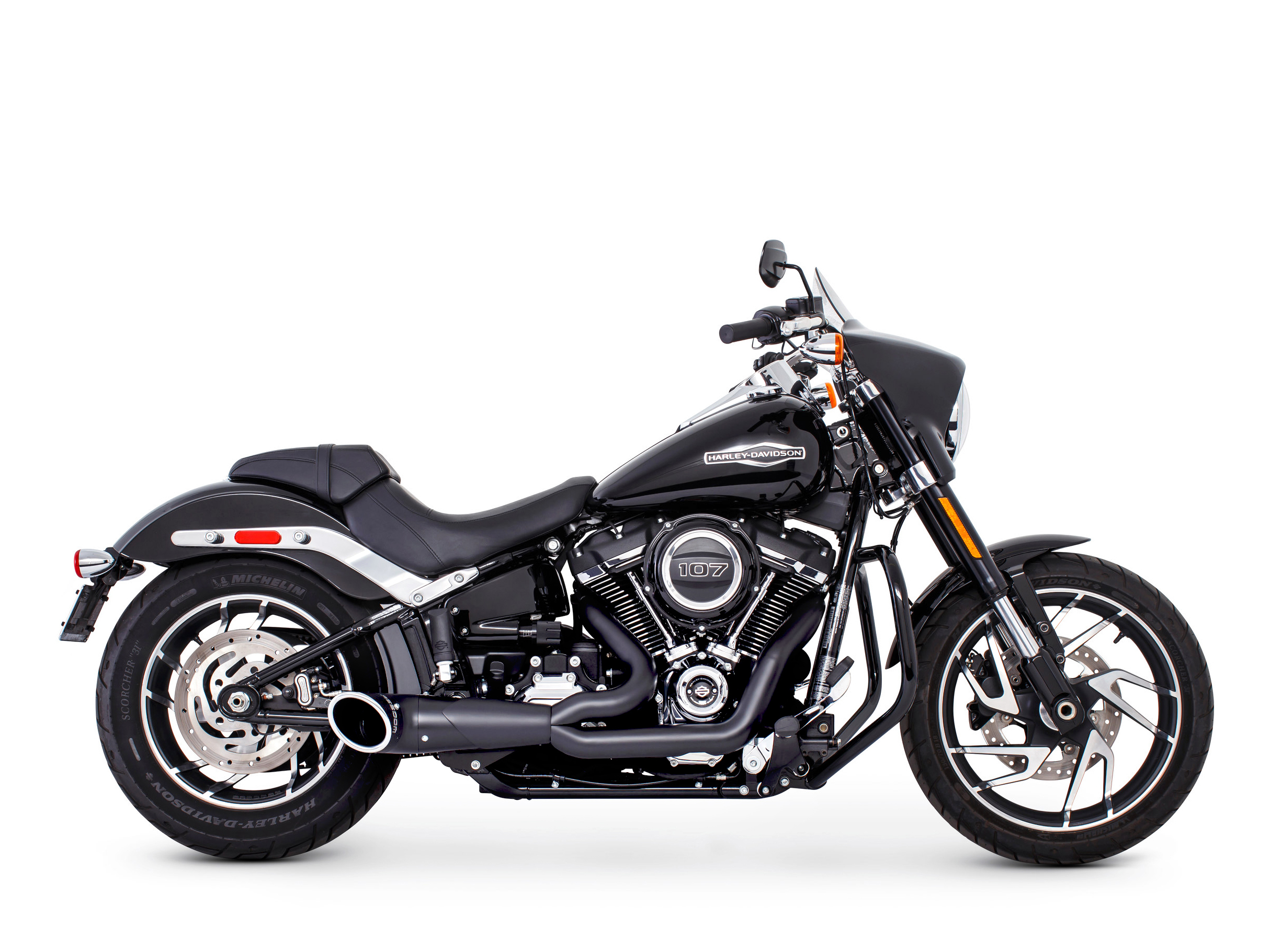 Turnout 2-into-1 Exhaust with Black Finish & Black End Cap. Fits Softail 2018up FREEDOM PERFORMANCE EXHAUST