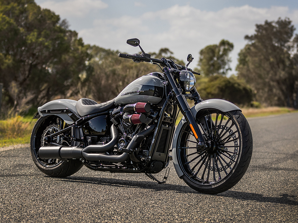 2-into-1 Two Step Exhaust - Black with Black End Cap. Fits Softail Breakout & Fatboy 2018up with 240 Tyre. FREEDOM PERFORMANCE EXHAUST - Image 3