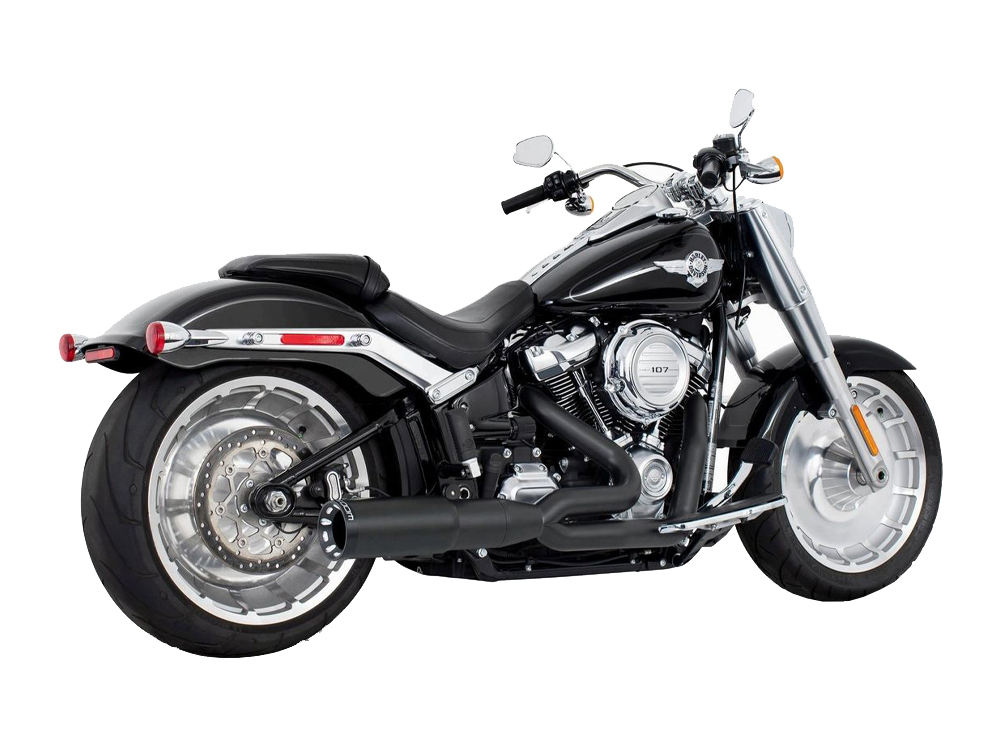 2-into-1 Two Step Exhaust - Black with Black End Cap. Fits Softail Breakout & Fatboy 2018up with 240 Tyre. FREEDOM PERFORMANCE EXHAUST