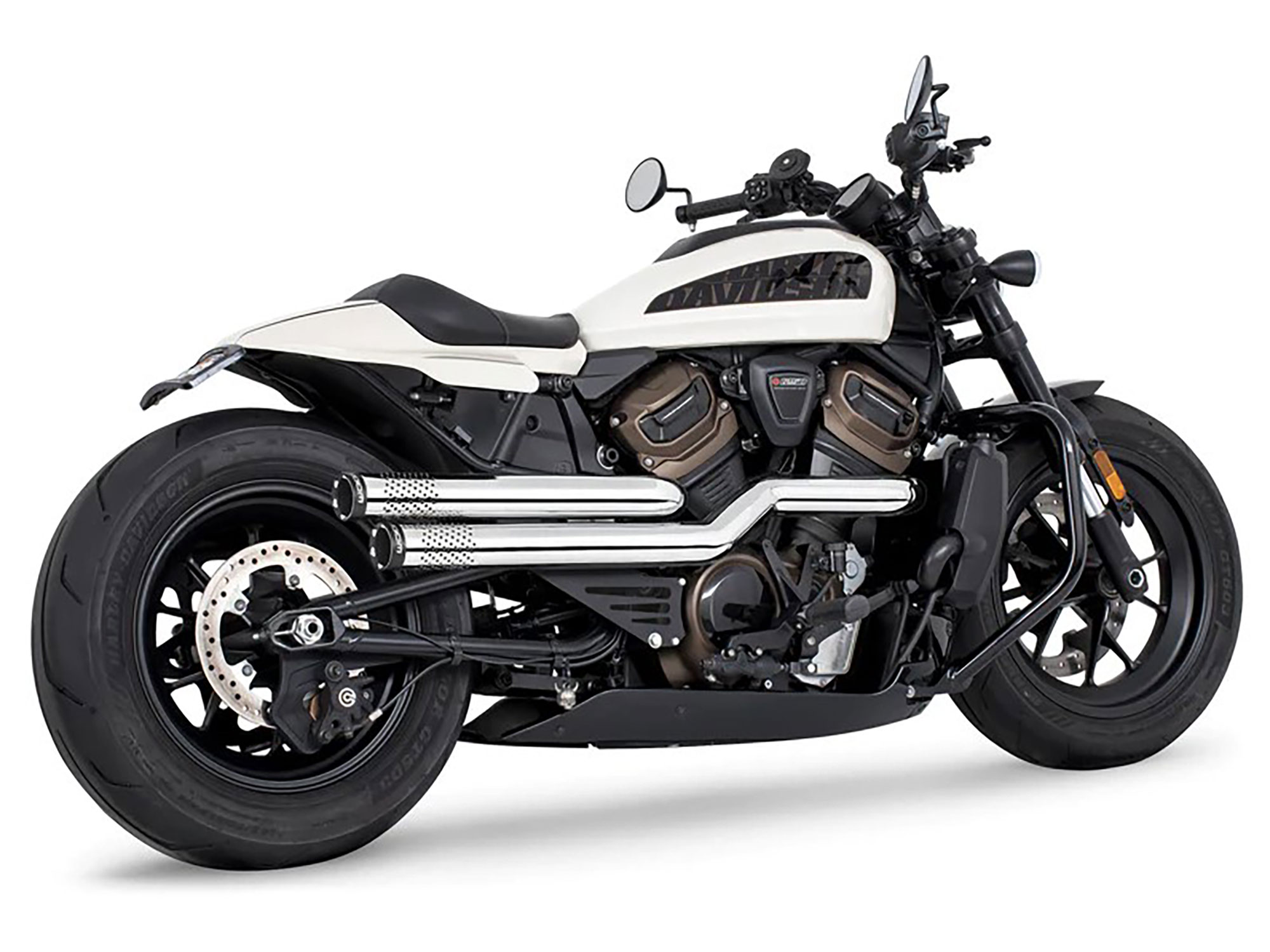 Independence Perforated High Exhaust - Chrome with Black End Caps. Fits Sportster S 2021-2023 FREEDOM PERFORMANCE EXHAUST