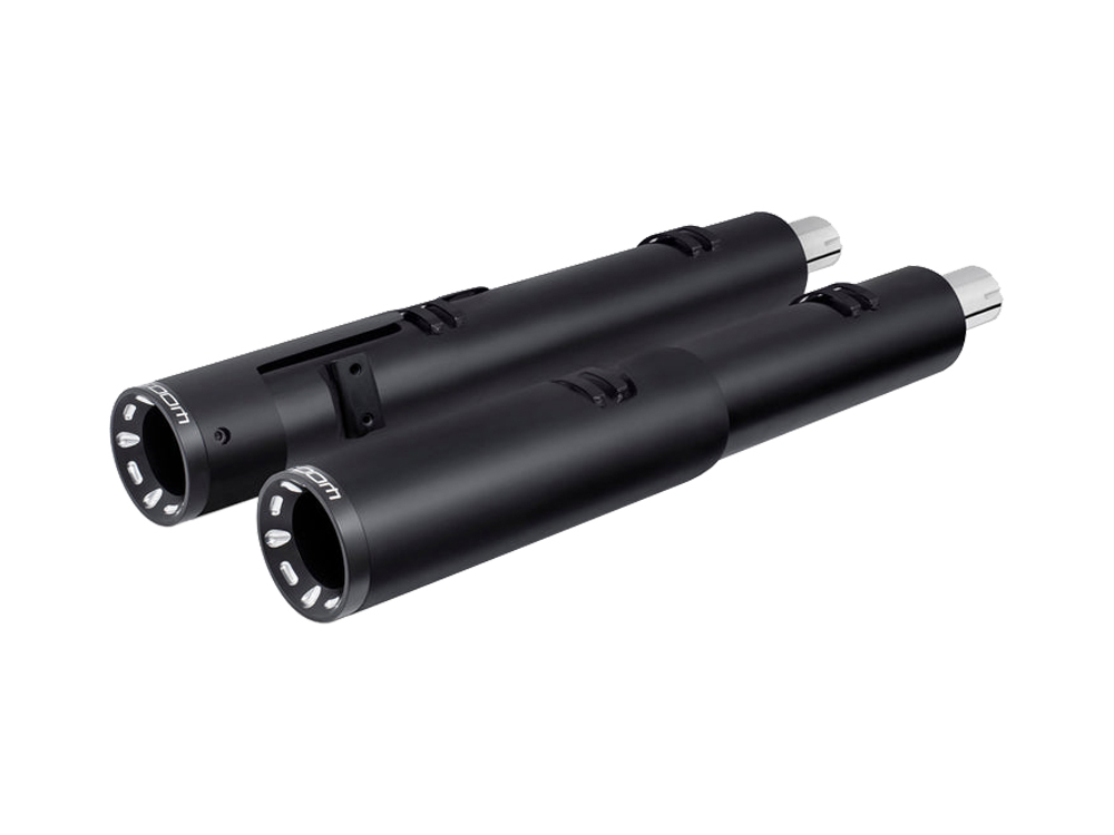 4.5in. Slip-On Mufflers - Black with Sculpted Straight End Caps. Fits Indian Big Twin 2014up with Hard Saddle Bags. FREEDOM PERFORMANCE EXHAUST