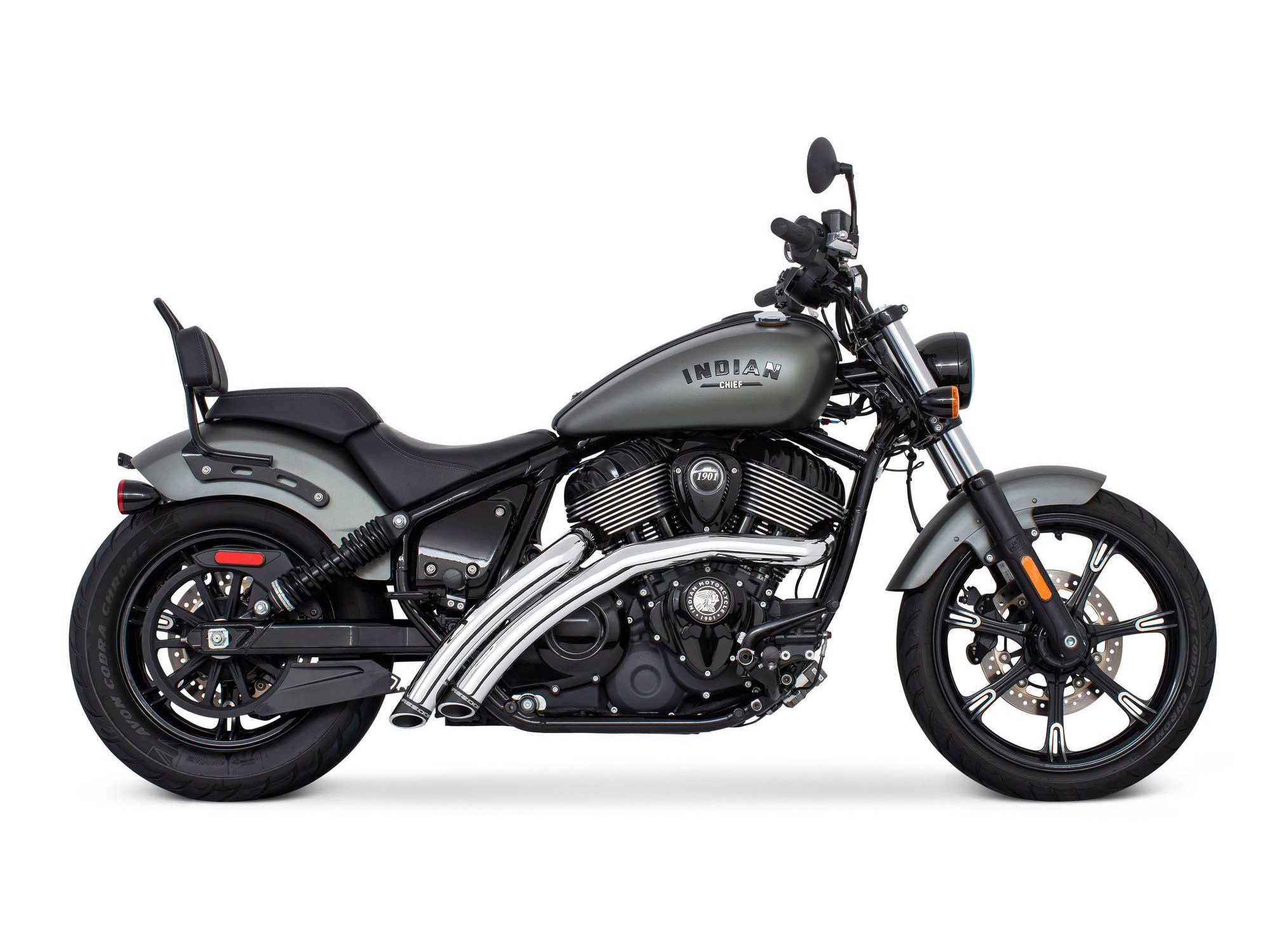 Radical Radius Exhaust - Chrome with Black End Caps. Fits Indian Cruiser 2022up FREEDOM PERFORMANCE EXHAUST